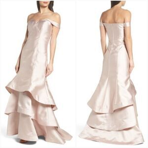 Sequin Hearts Ruffle Hem Off Shoulder Mermaid Gown